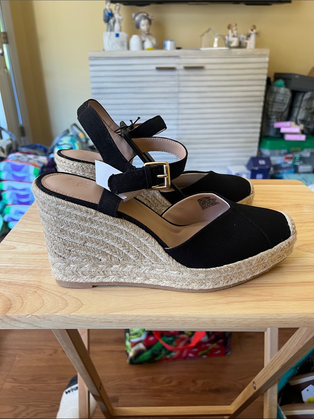Black Espadrille Wedge Sandals with Ankle Strap - Picture 2 of 5